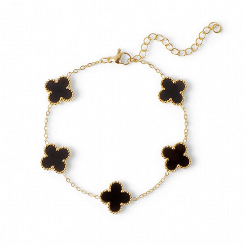 14K Gold Plated Clover Bracelet – Mother of Pearl or Black Onyx Adjustable Charm Bracelet